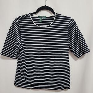Lauren Ralph Lauren Black/White Striped Short Sleeve Top, Size Large